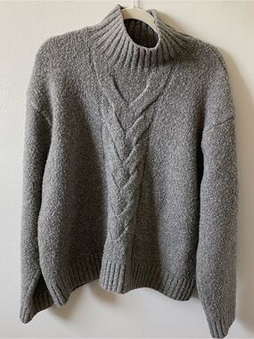 Roots Wool Blend Gray Cable-Knit Turtleneck Sweater L/XL